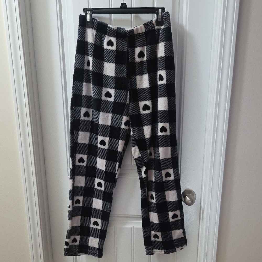 Cozy Black & White Buffalo Check Pajama Pants with Hearts